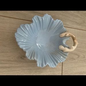 Lite Blue Candy/Trinket Dish w/ brownish Bone Handles.  Leaf Shape.  Ruffled Rim